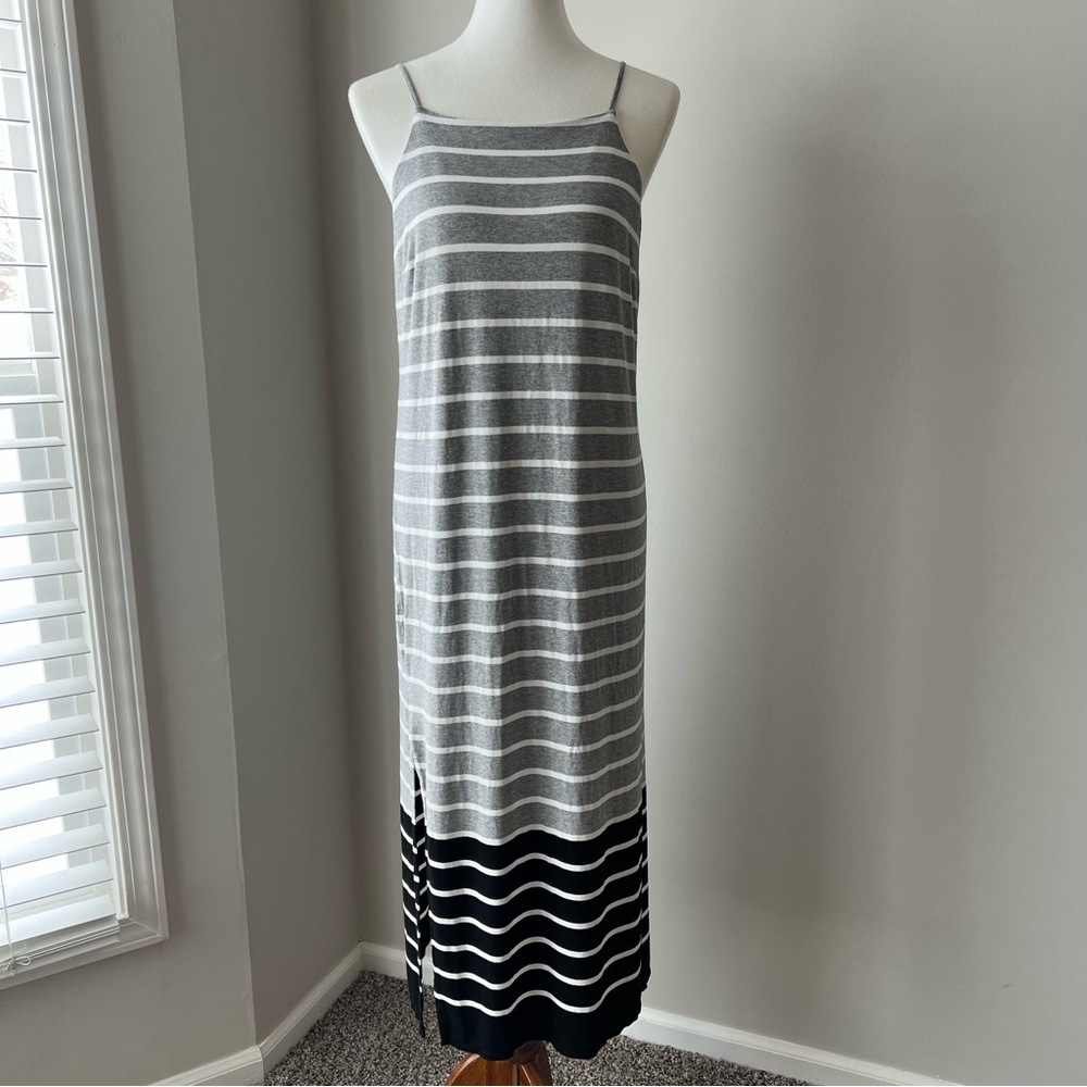 Striped Gray & White Maxi Dress with Black Hem